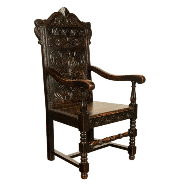 English Antique 17th Century English Charles II Oak Carved Wainscot Armchair 1680 For Sale - Image 3 of 13