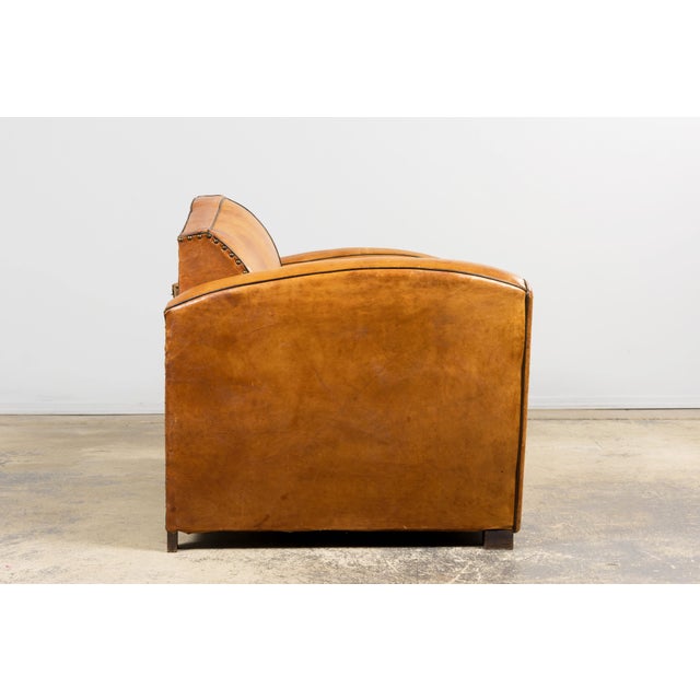 1920s French Art Deco Cognac Leather Club Sofa For Sale - Image 9 of 18