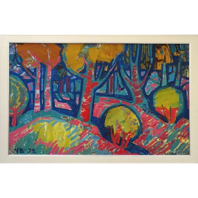 Sunset in the forest. 1972., cardboard, oil, 46x73 cm colorful landscape, in blue, yellow, pink colors valdis bush...