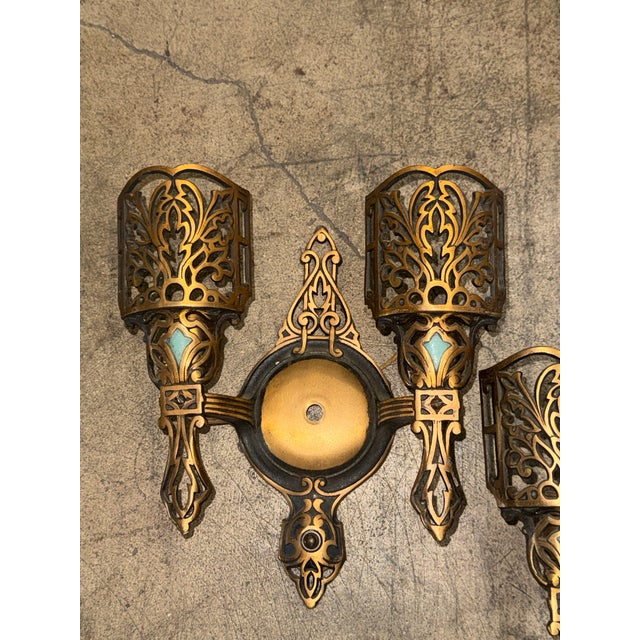 1920s Art Deco Polychrome Sconces With Robin’s Egg Blue Accents and Slip Shades - Set of 3 For Sale - Image 10 of 12