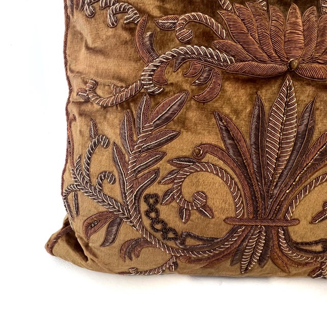 Metal John-Richard Metallic Bullion Emboidered Brown Velvet Throw Pillows - Pair For Sale - Image 7 of 18