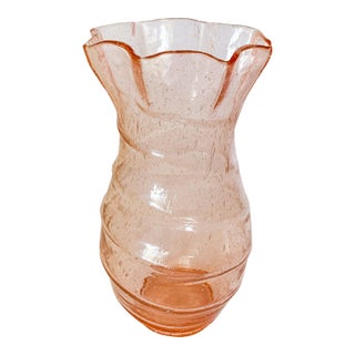 Vintage Blush Pink Murano Bubble Ruffle Edge Hand Blown Glass Swirl Vase For Sale