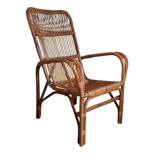 Vintage Italian Rattan and Curved Bamboo Armchair, 1960 For Sale