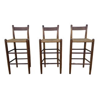 1970s Set of 3 Danish Modern Style Oak Bar Stools With Rush Seats | Mid-Century For Sale