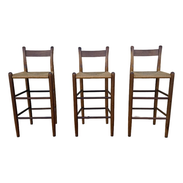 1970s Set of 3 Danish Modern Style Oak Bar Stools With Rush Seats | Mid-Century For Sale