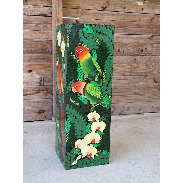 Bring a dose of tropical whimsy to any space with this beautifully hand-painted vintage pedestal. Wrapped on all four...