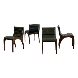 Vintage Sculptural Dining Chairs in Olive Leather - Set of Four For Sale