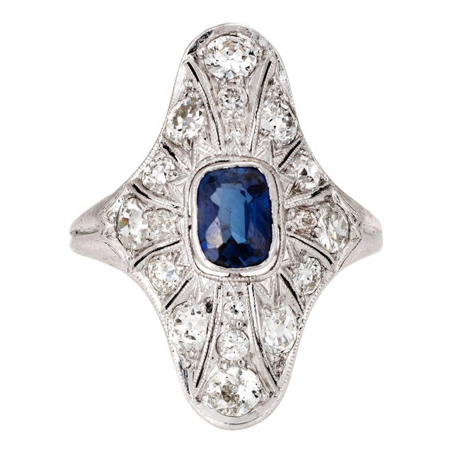 Antique Edwardian Sapphire Diamond Ring Vintage Platinum Long Plaque Jewellery size 5.5 For Sale