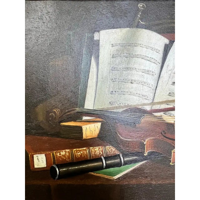 Still Life Violin & Sheet Music Oil on Canvas Signed Hessler, Framed 1900's For Sale - Image 4 of 11