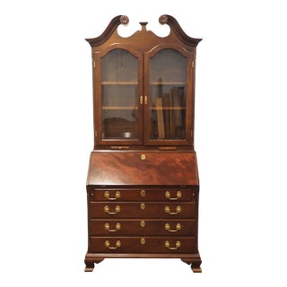 High End Vintage Flame Mahogany Traditional Style 38" Secretary Desk W. Pediment Display Hutch For Sale