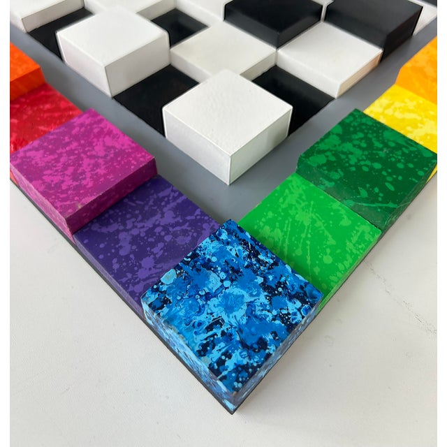 Late 20th Century Vintage Bright Colorful Optical Art "Chessboard" Wall Sculpture in Wood Painted For Sale - Image 5 of 12