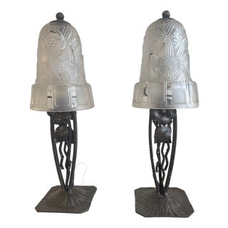 Art Deco Lamps in Wrought Iron and Glass from Hettier-Vincent, 1929, Set of 2 For Sale