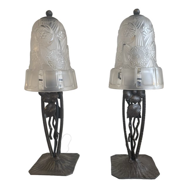 Art Deco Lamps in Wrought Iron and Glass from Hettier-Vincent, 1929, Set of 2 For Sale