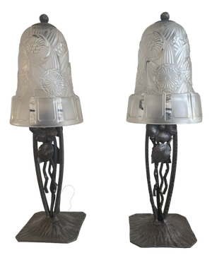 Art Deco Lamps in Wrought Iron and Glass from Hettier-Vincent, 1929, Set of 2