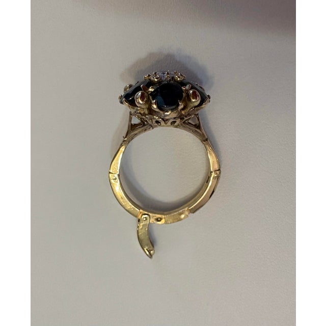 14k Yellow Gold, Blue Sapphire and Diamond Flower Cluster Ring With Arthritic Shank., Size 6.25 to 7 For Sale In Greensboro - Image 6 of 9