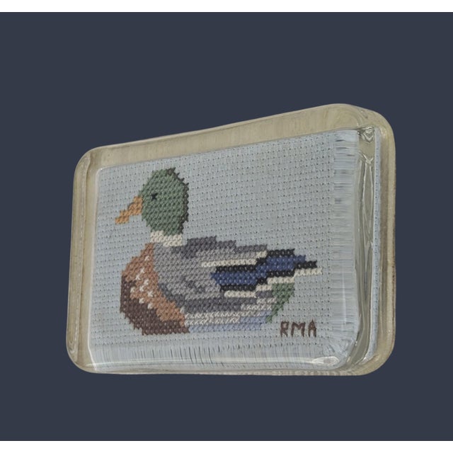 Blue Vintage Handcrafted Mallard Duck Cross Stitch Glass Paperweight For Sale - Image 8 of 14