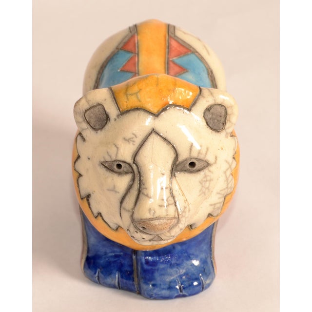 1950 South African Handmade Colorful Raku Ceramic Lion Animal Sculpture Folk Art For Sale - Image 14 of 18