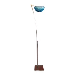 1980s Italian Made Brushed Nickel With Blue Balboa Glass Floor Lamp For Sale