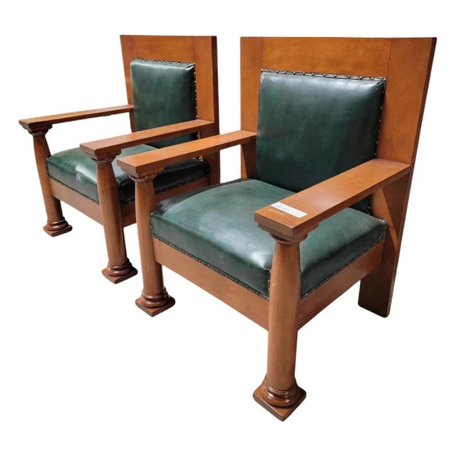 Wood Antique Mission Arts & Crafts Chairs in Hunter Green Leather - Pair For Sale - Image 7 of 11