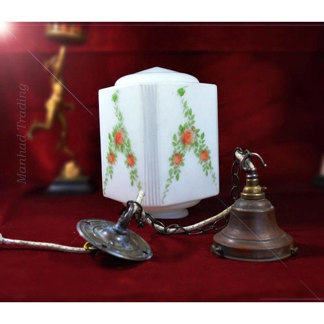 Art Deco Bronze and Hand-Painted Opaline Skyscraper Pendant Light, 1940s For Sale - Image 12 of 13