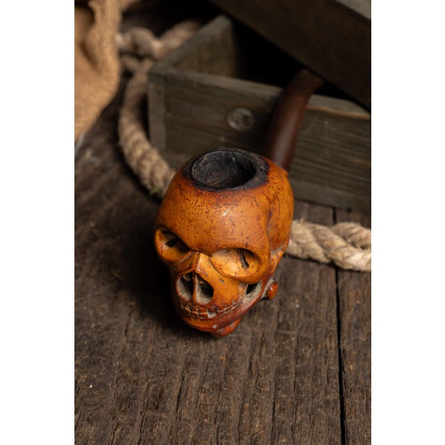 Brown Vintage Memento Mori Skull Pipe With Cast Iron Hand Tray For Sale - Image 8 of 11