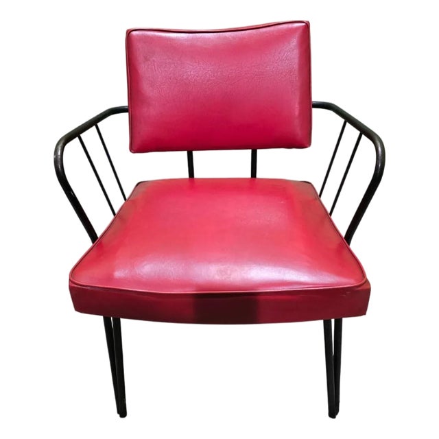 Viking Artline Style Vintage Red Vinyl & Black Metal Frame Mid-Century Modern Chair Hair Pin Legs Atomic For Sale