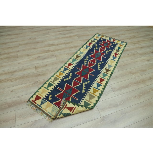 1960s Turkish Vintage Handmade Navy Blue Handmade Oushak Kilim Runner Rug For Sale - Image 9 of 12