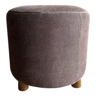 Round Stool in Coco Brown Linen With Hand Stitched Details and White Oak Legs For Sale
