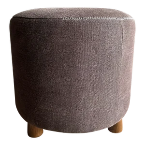 Round Stool in Coco Brown Linen With Hand Stitched Details and White Oak Legs