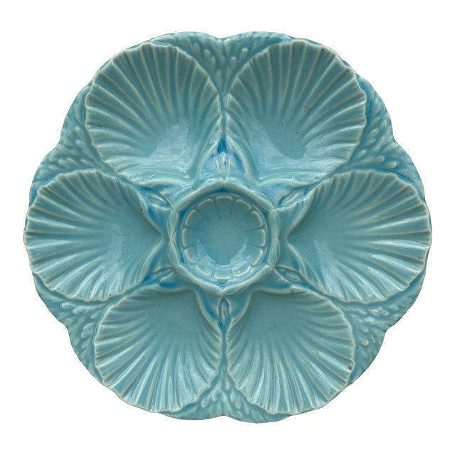 French Majolica Oyster Aqua Turquoise Plate Sarreguemines, Circa 1870 For Sale