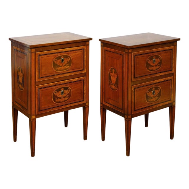 Pair of Italian Neoclassical 1800s Walnut Bedside Tables with Marquetry Décor For Sale