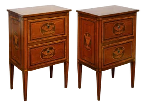 Pair of Italian Neoclassical 1800s Walnut Bedside Tables with Marquetry Décor