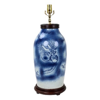 Blue & White Celadon Porcelain Vase Table Lamp With Oriental Dragon and Sprayed Cobalt For Sale