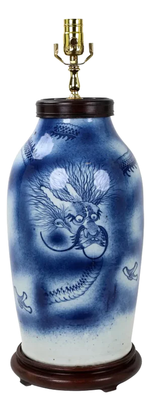 Blue & White Celadon Porcelain Vase Table Lamp With Oriental Dragon and Sprayed Cobalt