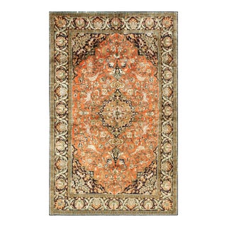 1940s Orange Apricot Medallion Floral Antique Isfahan Knotted Qum Silk Rug For Sale
