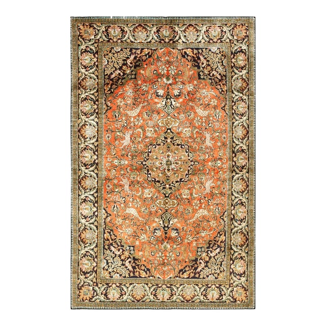 1940s Orange Apricot Medallion Floral Antique Isfahan Knotted Qum Silk Rug For Sale