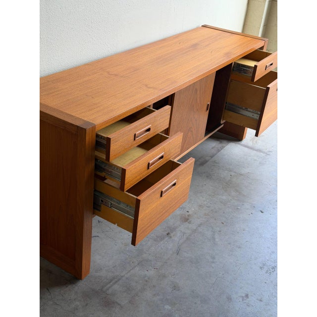 Brown Danish Teak Low Credenza - Mid 20th Century Modern Sideboard With Drawers and Sliding Doors For Sale - Image 8 of 10