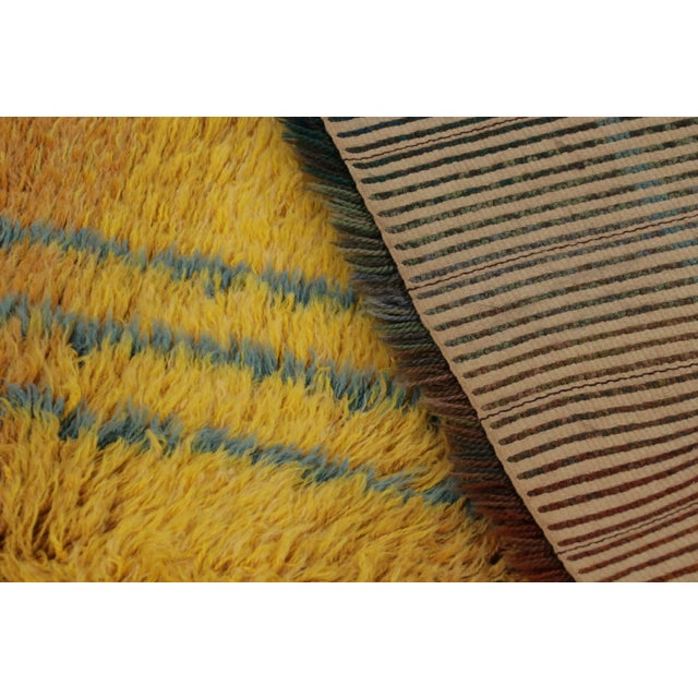 Textile Vintage Swedish Rya Rug With Golden Ombre and Blue Linear Geometry - Rug & Kilim For Sale - Image 7 of 9