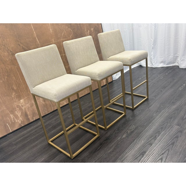 Rh Emery Armless Fabric Counter Stools – Set of 3 Perennials® Performance Textured Linen Weave – Sand | Burnished Brass | Counter Height For Sale - Image 14 of 18