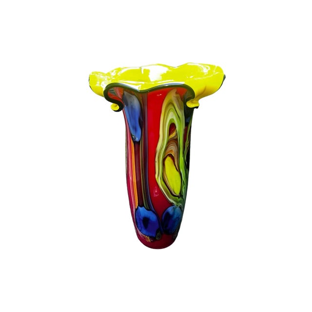 Murano Cased Abstract Floral Studio Art Glass Vase by Salvadore Studio. Flower Petal Top. Unsigned 14.5”H 8” Across Top...