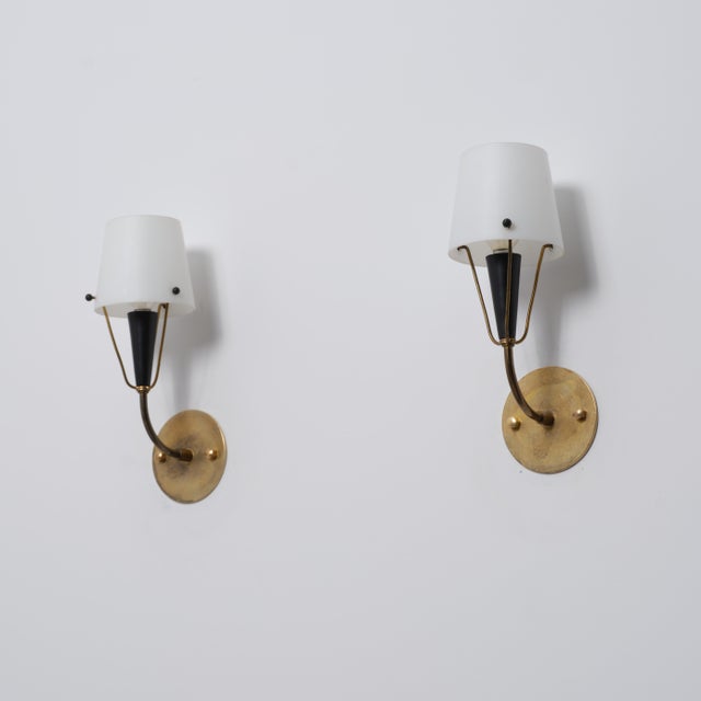 Italian Brass, Black Metal and Opaline Glass Wall Sconces, 1950s, Set of 2 For Sale - Image 9 of 11
