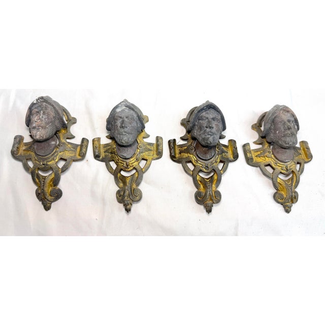 4 Antique Ornate Victorian Face Gilt Bronze Metal Salvage Hardware Appliques For Sale In New York - Image 6 of 9