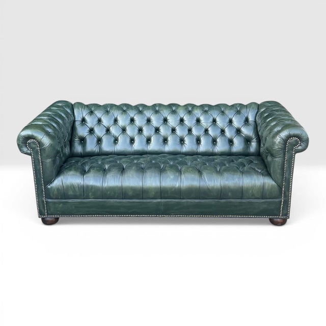 1960s Classic English Traditional Chesterfield Sofa in Rich Dark Green Leather- Brass Nail Head Trim For Sale - Image 4 of 11