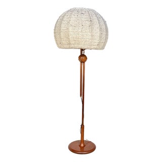 Large Height-Adjustable Teak Floor Lamp with Brass Details and Wool Lampshade from Temde Leuchten, 1960s For Sale