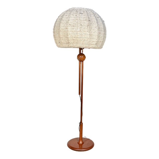 Large Height-Adjustable Teak Floor Lamp with Brass Details and Wool Lampshade from Temde Leuchten, 1960s For Sale