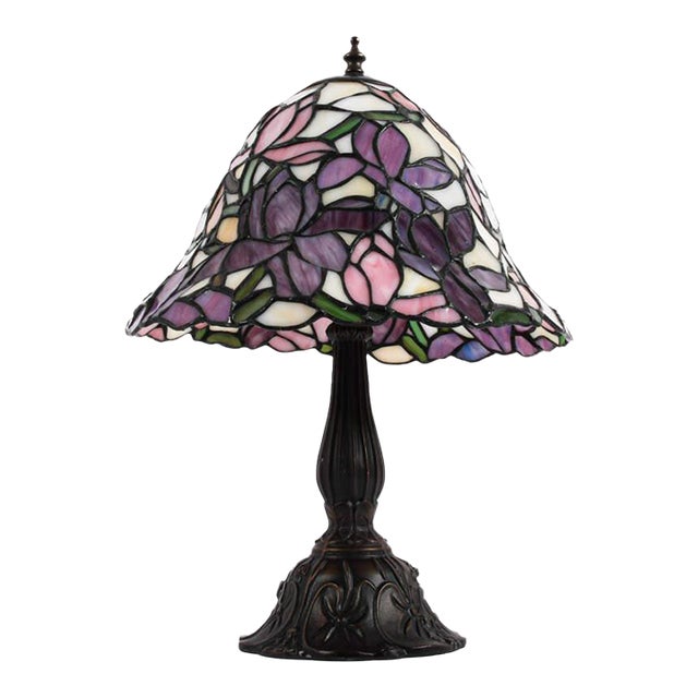 Tiffany‑Style Painted Bronze Lily Pad Lamp – Art Nouveau Inspired Base With Harp & Finial For Sale