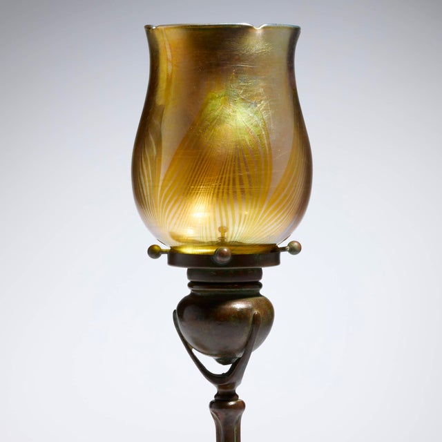 American Antique Tiffany Studios Tripod Candlestick With Feather Favrile Glass Shade For Sale - Image 3 of 10