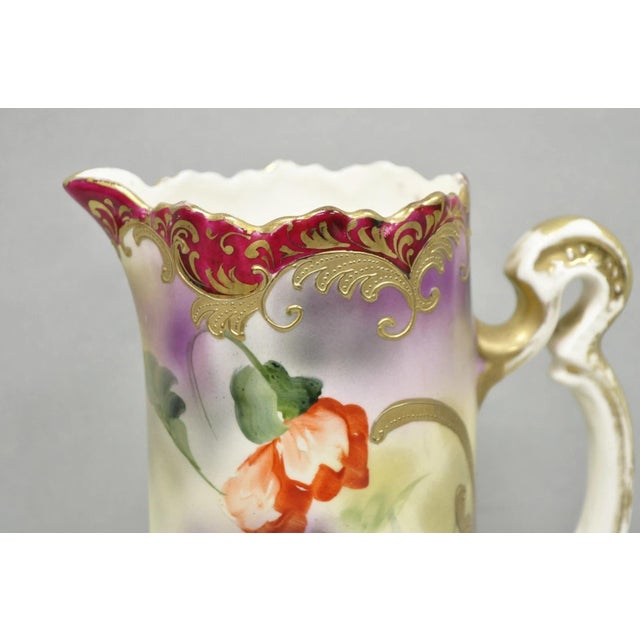 Art Nouveau Antique Nishiku Royal Nippon Hand Painted Floral Gold Gilt Handle Water Pitcher For Sale - Image 3 of 17