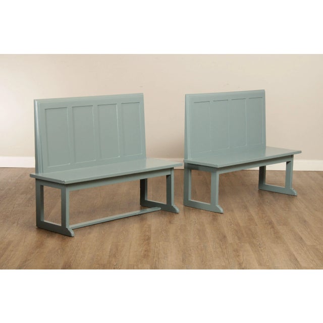 Traditional Vintage Painted Paneled Back Benches - A Pair For Sale - Image 3 of 13