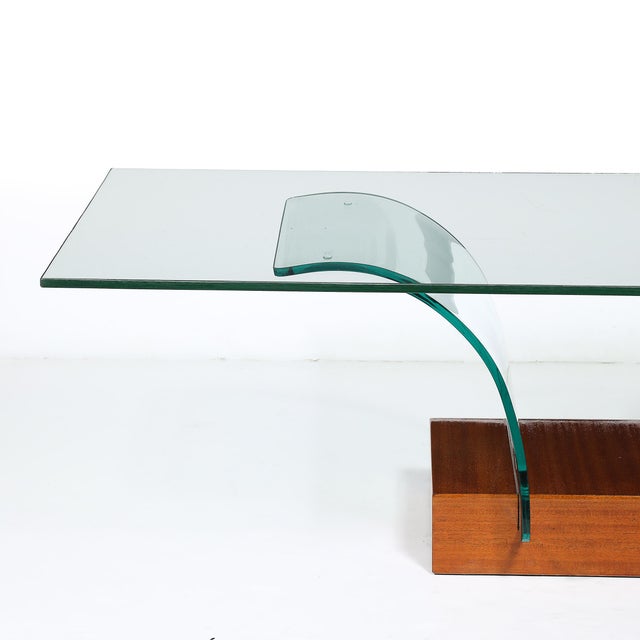Mid-Century Modern Mid-Century Modernage Curved Glass Cocktail Table W/ Rectilinear Walnut Base For Sale - Image 3 of 14